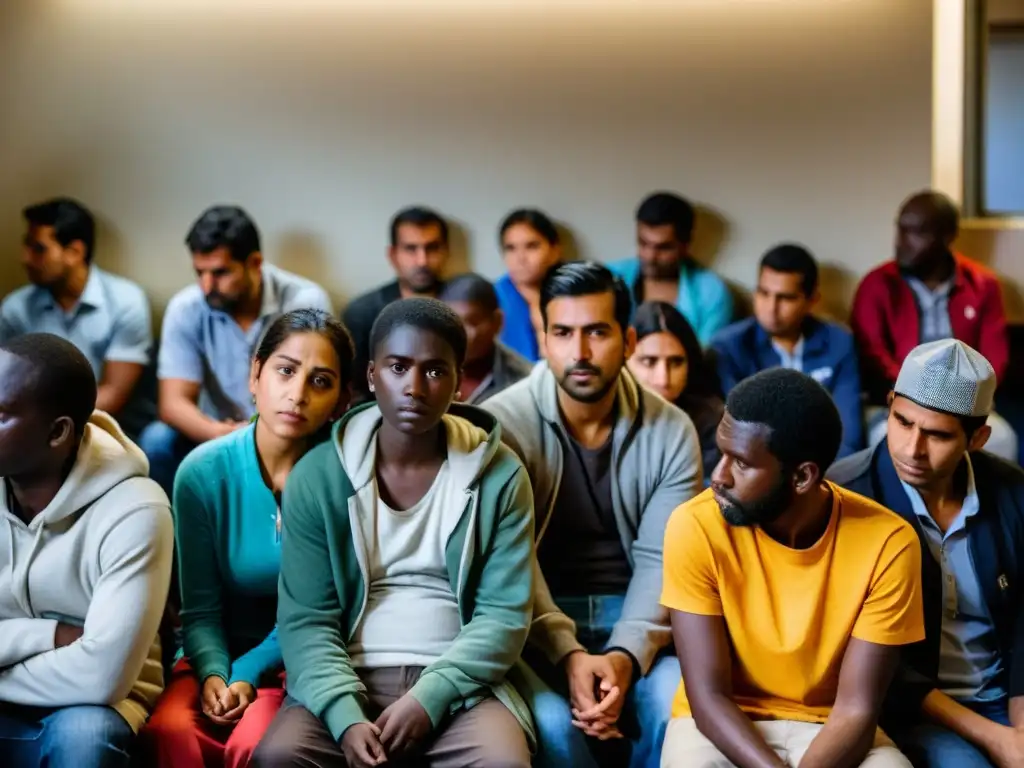 Refugiados en sala de espera de centro de asilo, expresiones cansadas y tensión