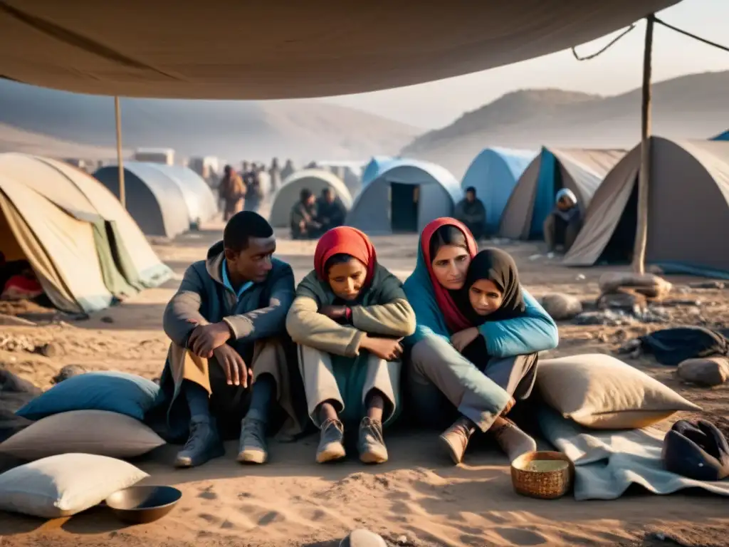 Refugiados en crítica situación en zona conflictiva, mostrando resiliencia y esperanza