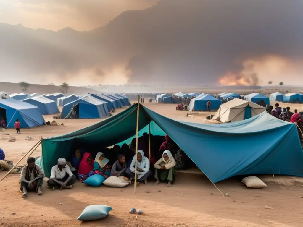 Refugiados en situación crítica en zona de conflicto marginal, hacinados bajo improvisados refugios en un paisaje desolado y devastado por la guerra