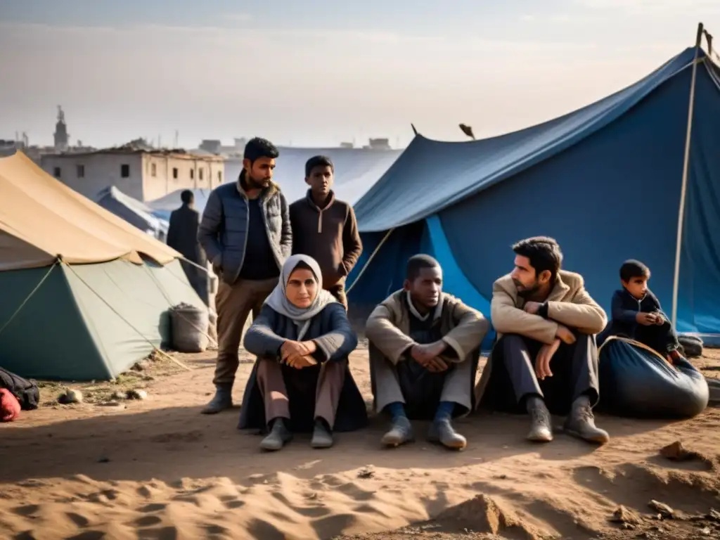 Refugiados en crítica situación en zona de conflicto, mostrando resiliencia en campamento improvisado