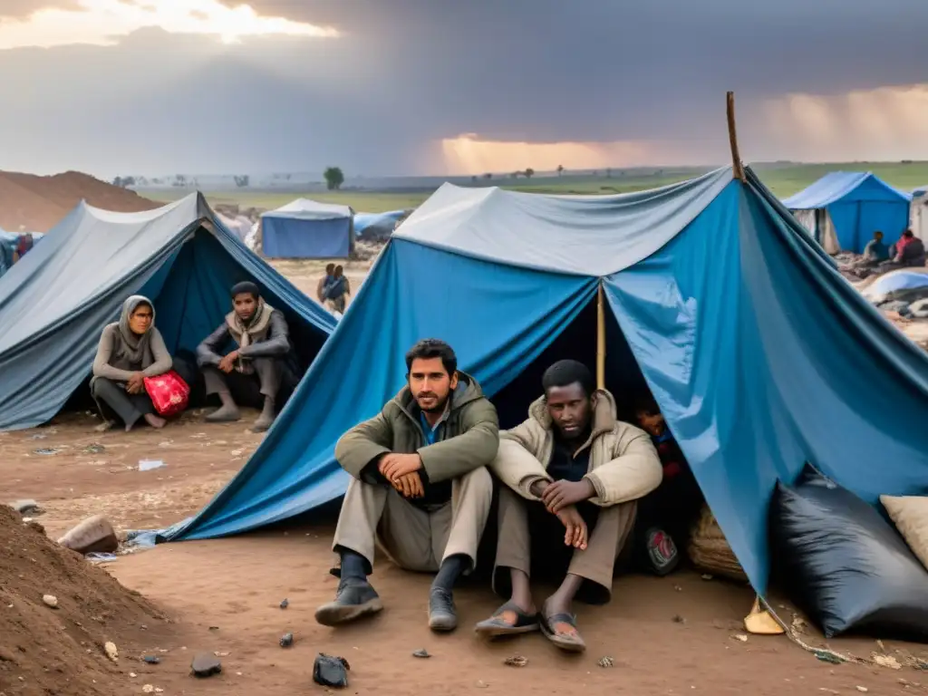 Refugiados en crítica situación en zonas de conflicto marginales, refugiados se resguardan en precario refugio entre escombros y desolación