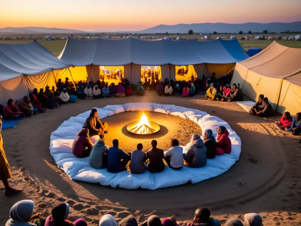 Refugiados participando en terapia comunitaria al atardecer en un campo de refugiados, destacando la resiliencia en medio de la crisis de salud mental