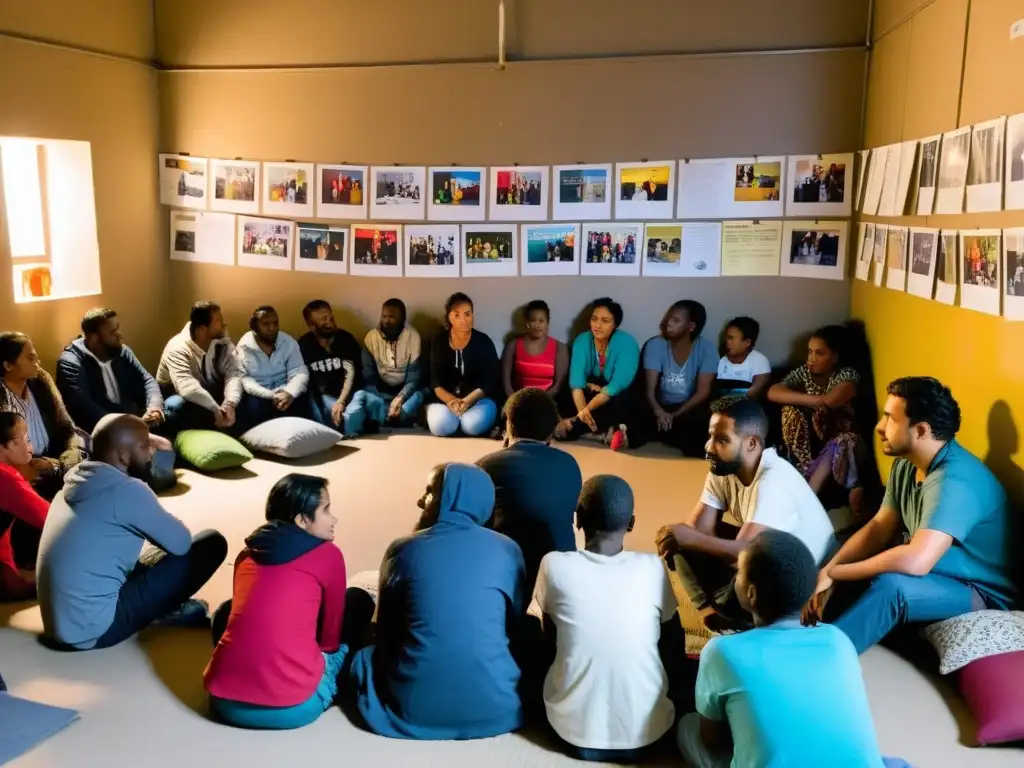 Refugio de migrantes: esperanza y solidaridad en la oscuridad Un refugio abarrotado de migrantes de diferentes edades y orígenes, con emociones variadas y voluntarios distribuyendo ayuda