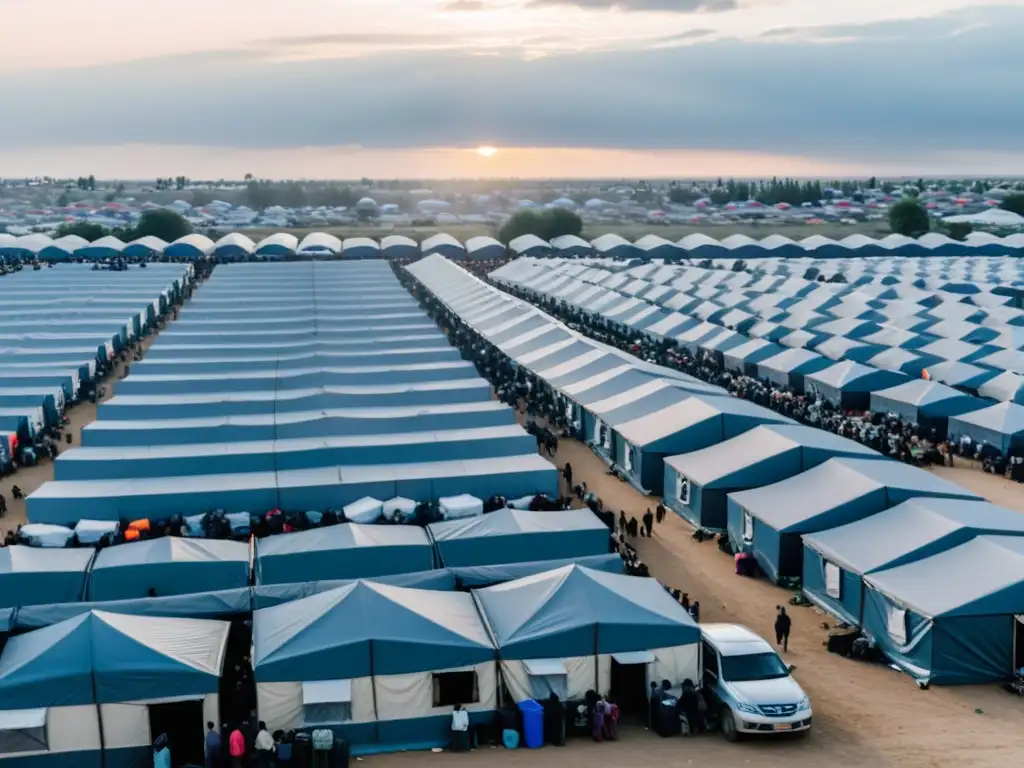 Refugio abrumador: campamento repleto de gente desplazada, tiendas y alambradas, vigilado por personal uniformado