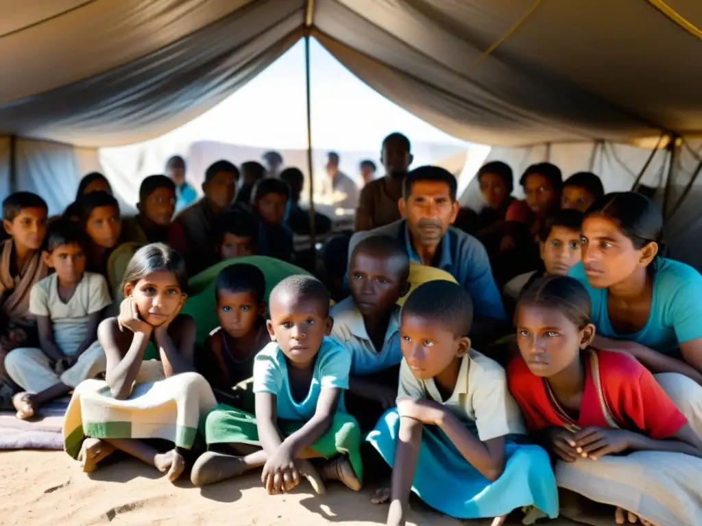 Refugio improvisado con familias desplazadas, reflejando la asistencia humanitaria en desplazamiento forzado