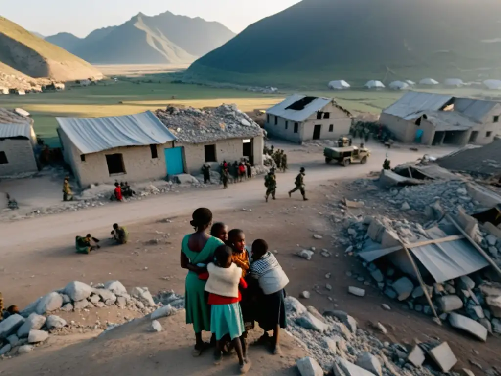 Refugio de mujeres y niños en zona de conflicto, mostrando la devastadora realidad de la violencia sexual en zonas de conflicto