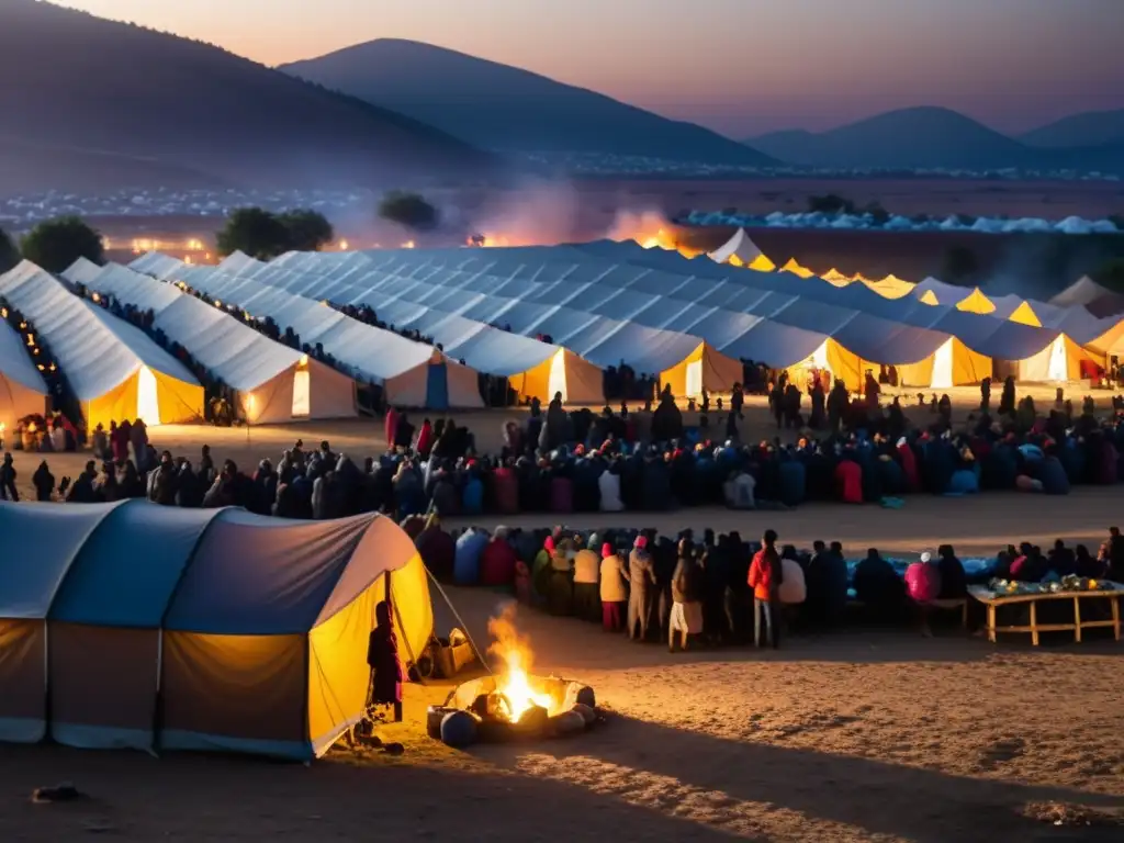 Refugio precario al atardecer, con personas alrededor de fogatas