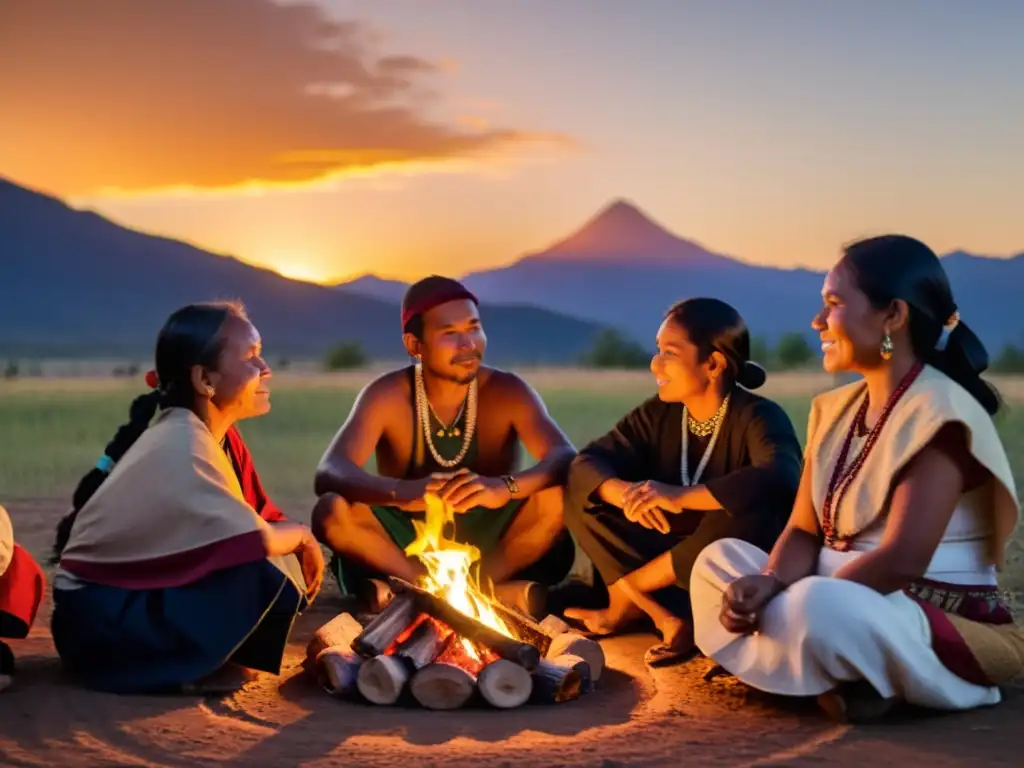 Renacimiento indígena: comunidad reunida alrededor del fuego, celebrando su herencia con orgullo y resiliencia ante la adversidad histórica