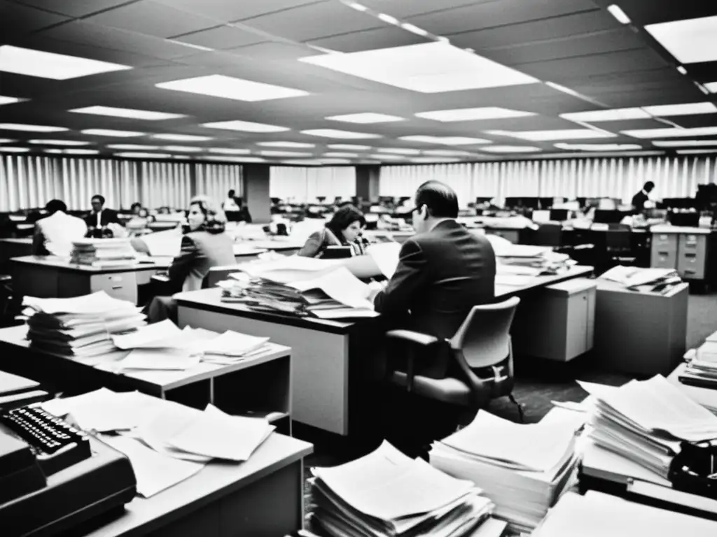 Periodistas en acción: Investigación frenética en la redacción durante Watergate Reporteros en una sala de redacción durante el escándalo Watergate, con un ambiente de urgencia y determinación