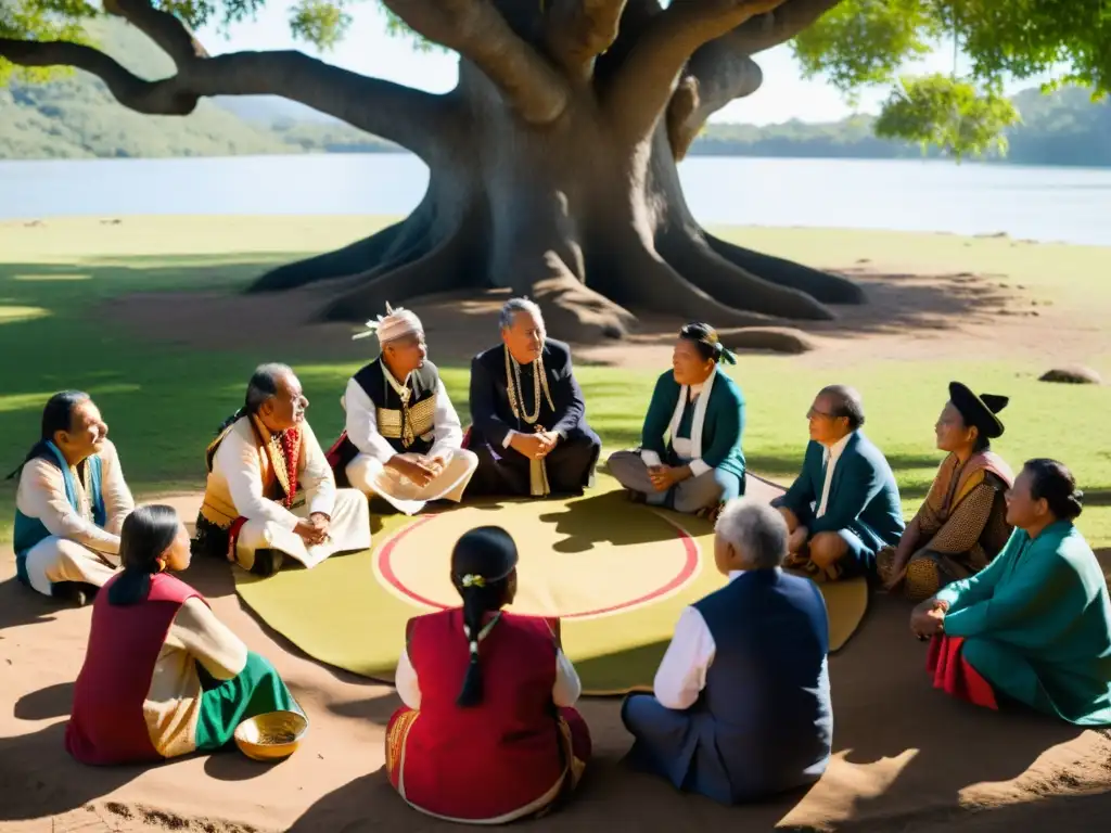 Representante internacional dialoga con líderes indígenas bajo un árbol