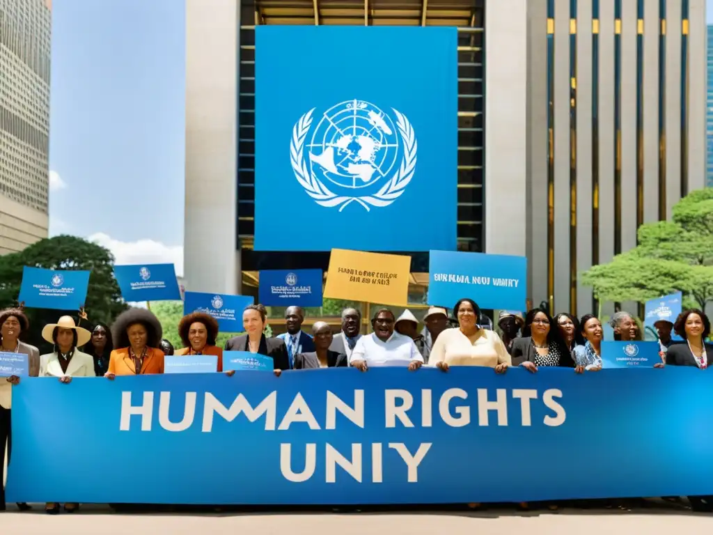 Representantes de coaliciones internacionales de derechos humanos unidos frente a la ONU, promoviendo la unidad y la solidaridad global