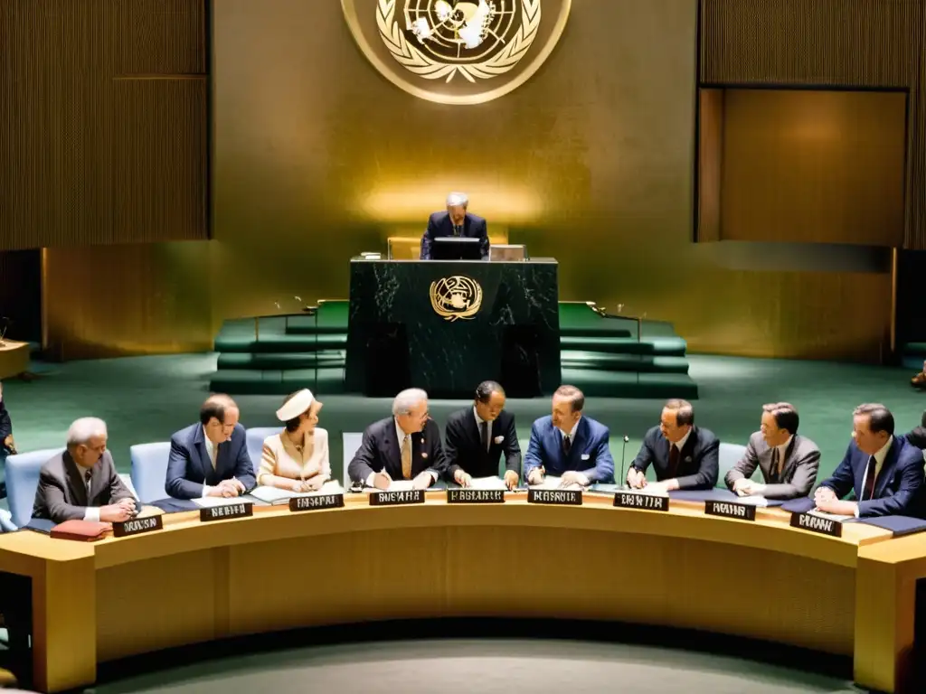 Representantes firmando la Declaración Universal de Derechos Humanos en la sede de la ONU en 1948, reflejando la importancia del derecho internacional en la protección de los derechos humanos