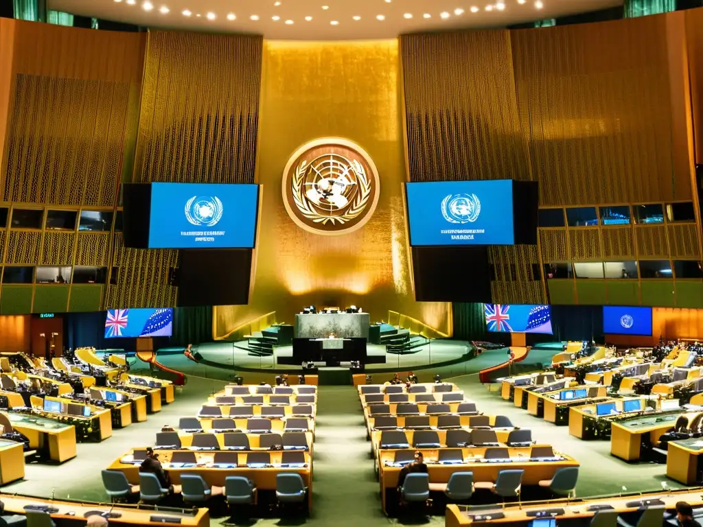 Representantes de países en la Asamblea General de la ONU, en discusiones diplomáticas, transmitiendo la dinámica y colaboración de la diplomacia internacional en apoyo a la comunidad democrática