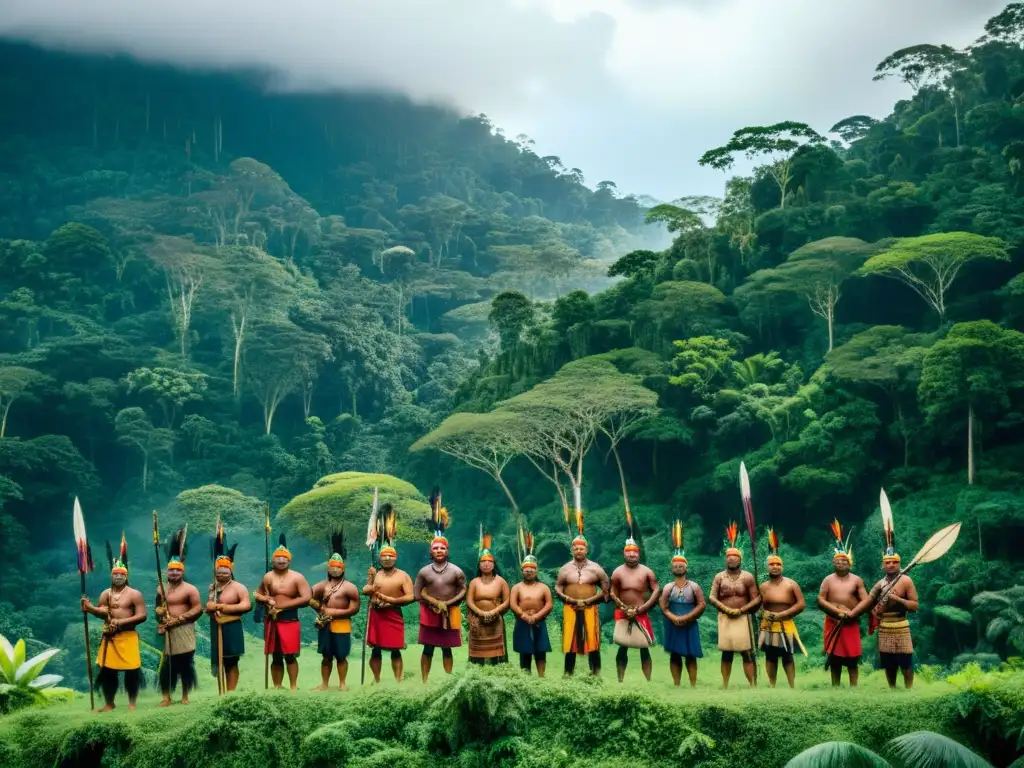 Resistencia indígena Sarayaku Ecuador derechos: Grupo de Sarayaku con armas tradicionales en la exuberante selva, mostrando determinación y orgullo