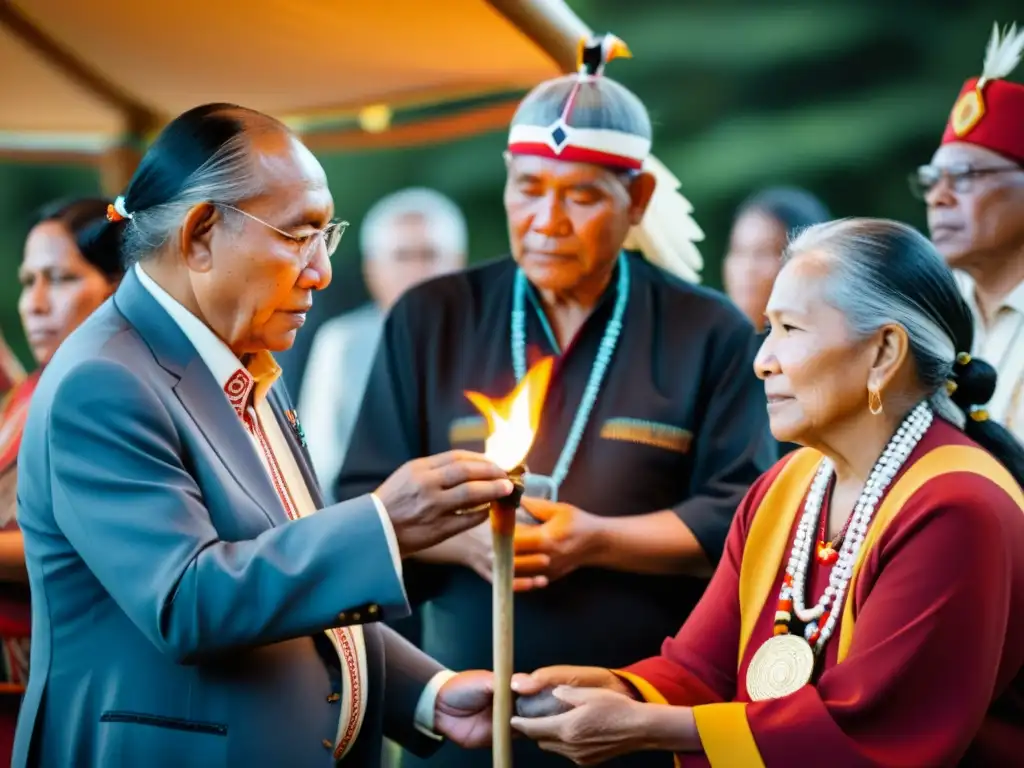 Reconciliación y resistencia: líderes indígenas en ceremonia tradicional, desafiando opresión colonial