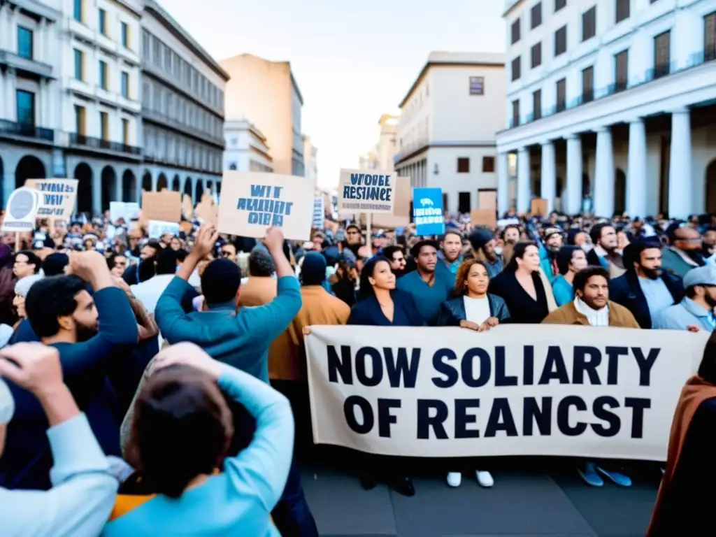 Manifestación de resistencia y protesta en plaza de Uruguay durante la dictadura, con expresión cultural poderosa