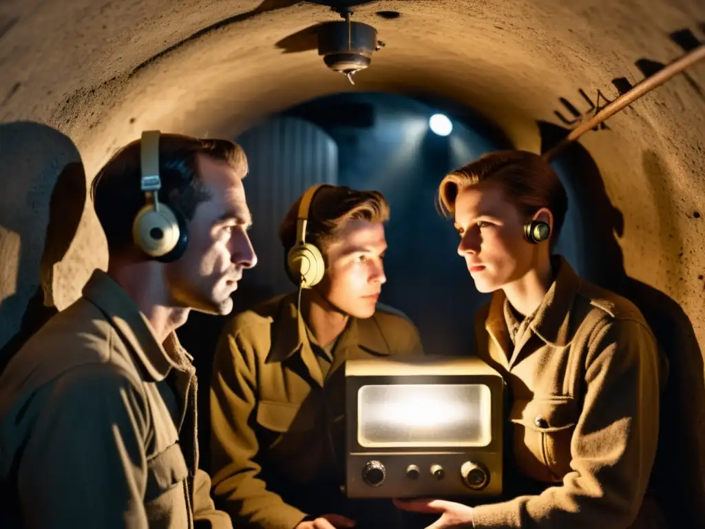 Resistencia en la Segunda Guerra Mundial: radios clandestinas transmiten en un búnker subterráneo, con rostros iluminados por la luz tenue