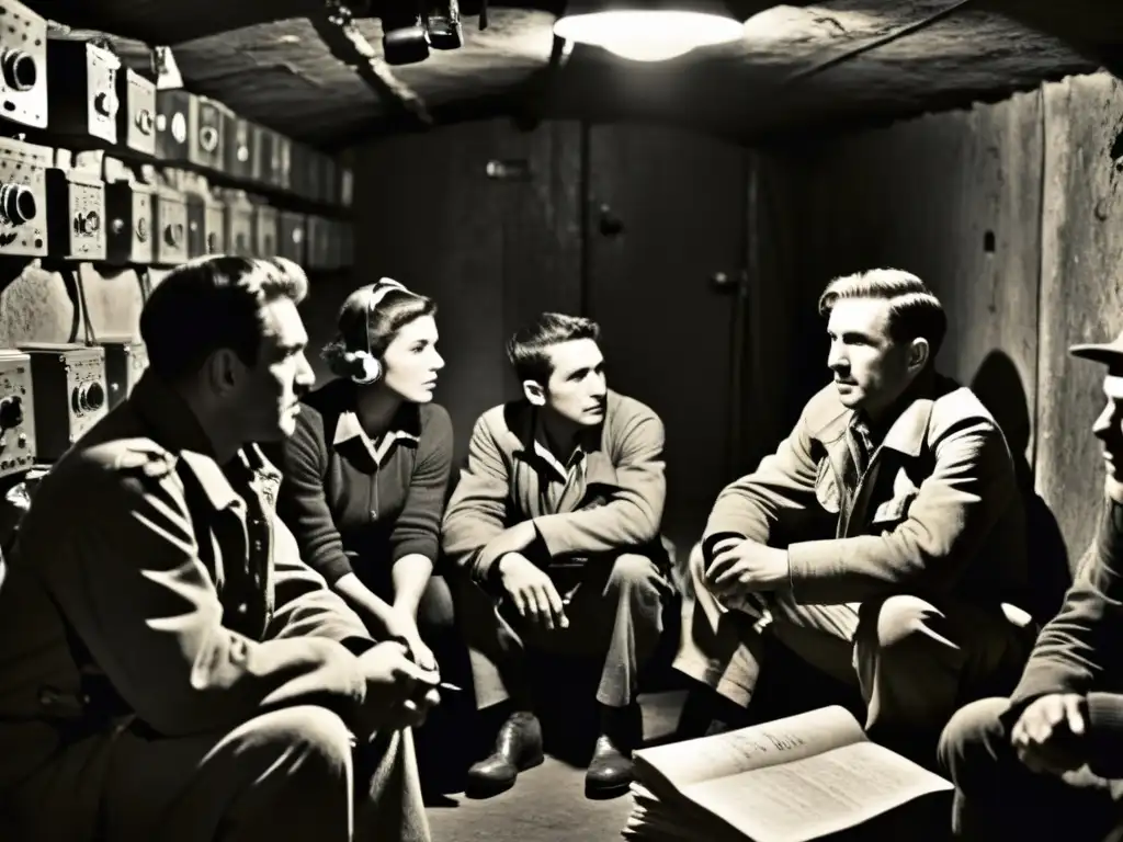 Resistencia en la Segunda Guerra Mundial: Operativos escuchando en una radio clandestina en un búnker