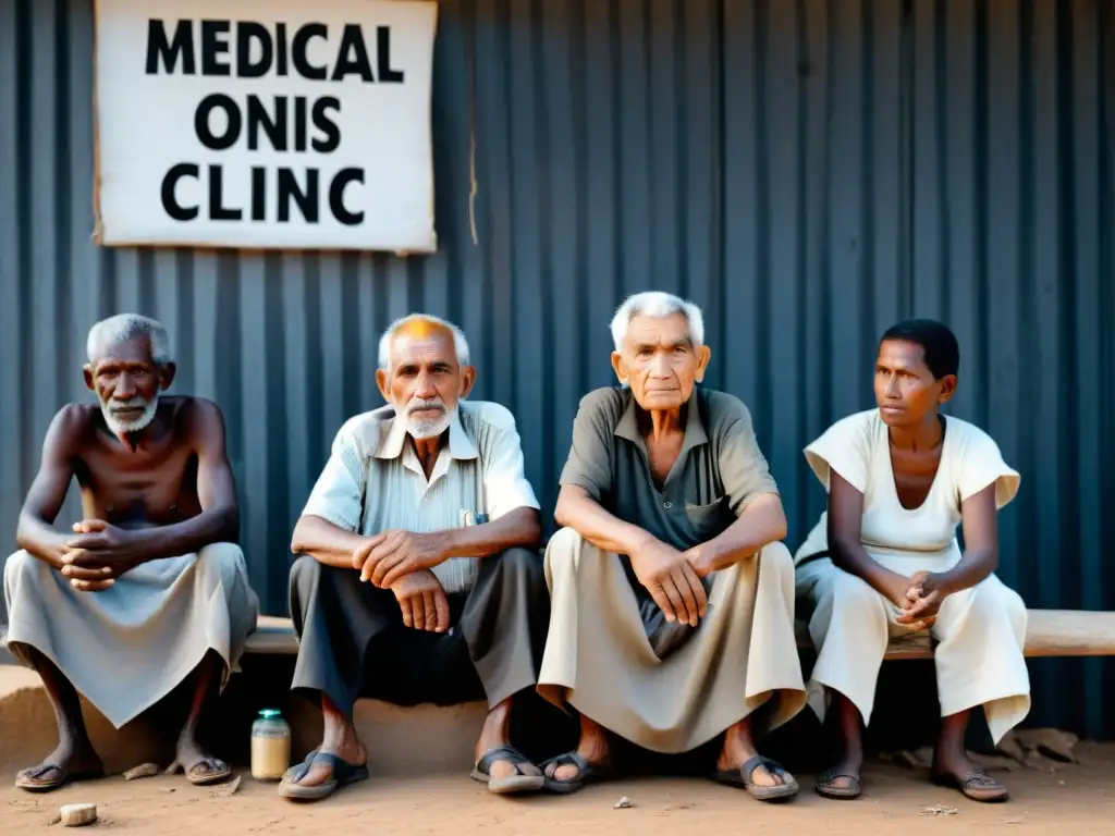 Retrato en blanco y negro de ancianos en zona de guerra, frente a una clínica improvisada