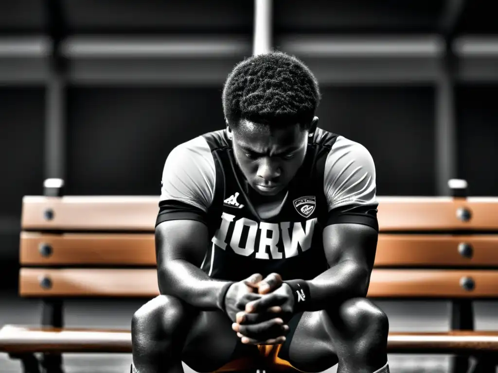 Retrato en blanco y negro de un atleta exhausto y desesperado, reflejando la presión en atletas y la salud mental