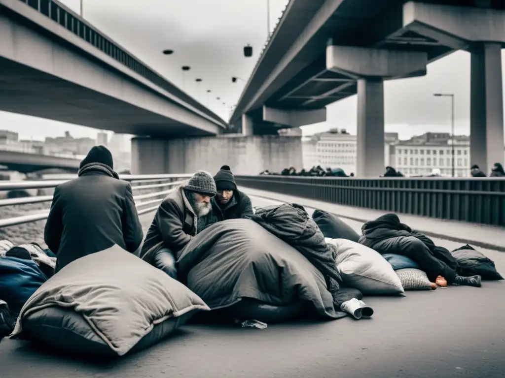 Un retrato en blanco y negro de la cruda realidad de personas sin hogar, reflejando la lucha y la resiliencia en un entorno urbano