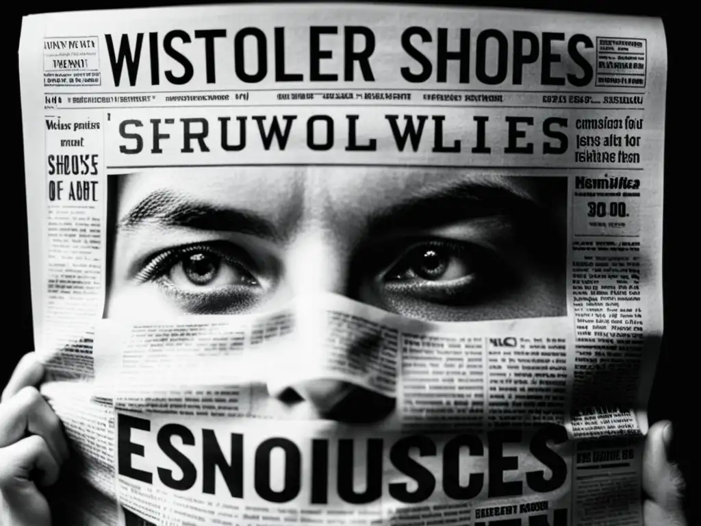 Retrato en blanco y negro de una figura en sombras con un periódico que dice 'Whistleblower Exposes Injustice', reflejando determinación y valentía