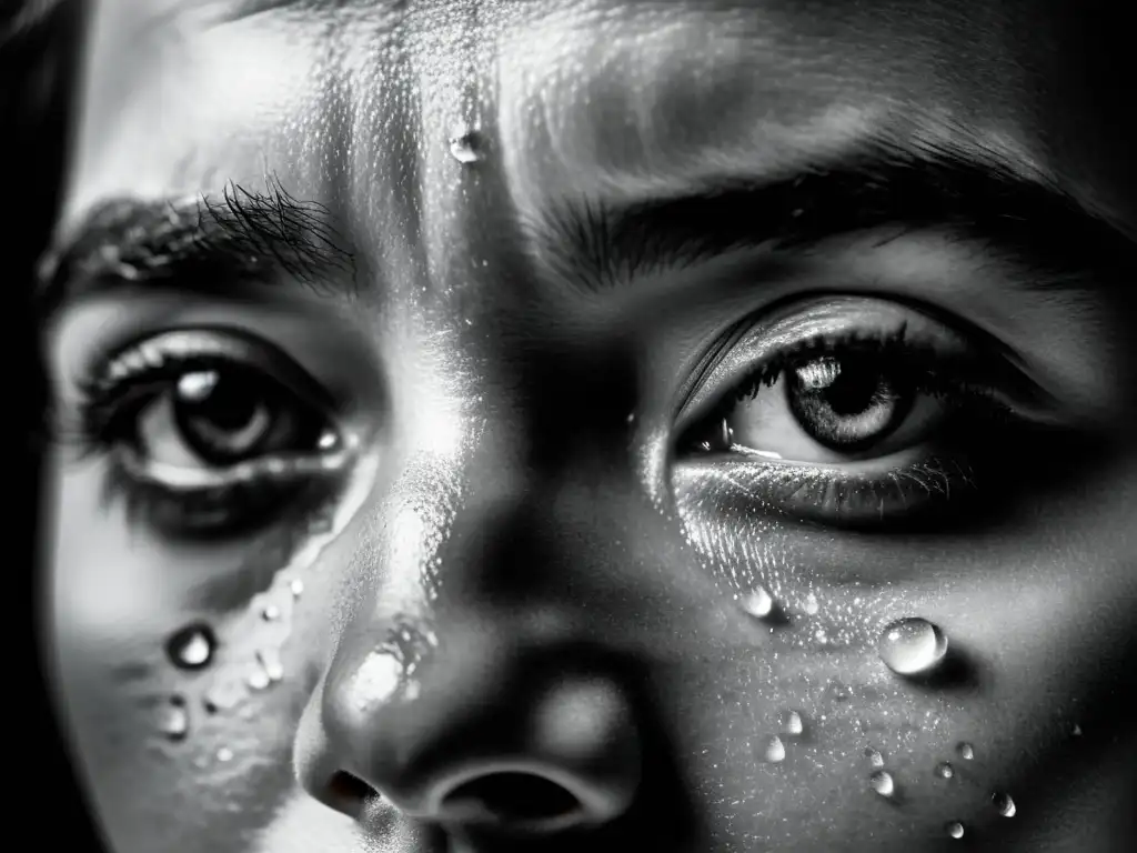 Retrato en blanco y negro de un joven con emociones intensas, reflejando desesperación y esperanza, lágrimas en los ojos