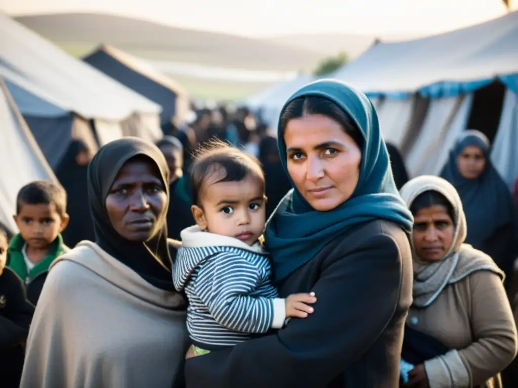 Un retrato en blanco y negro de mujeres en un campamento de refugiados, mostrando fuerza ante la adversidad