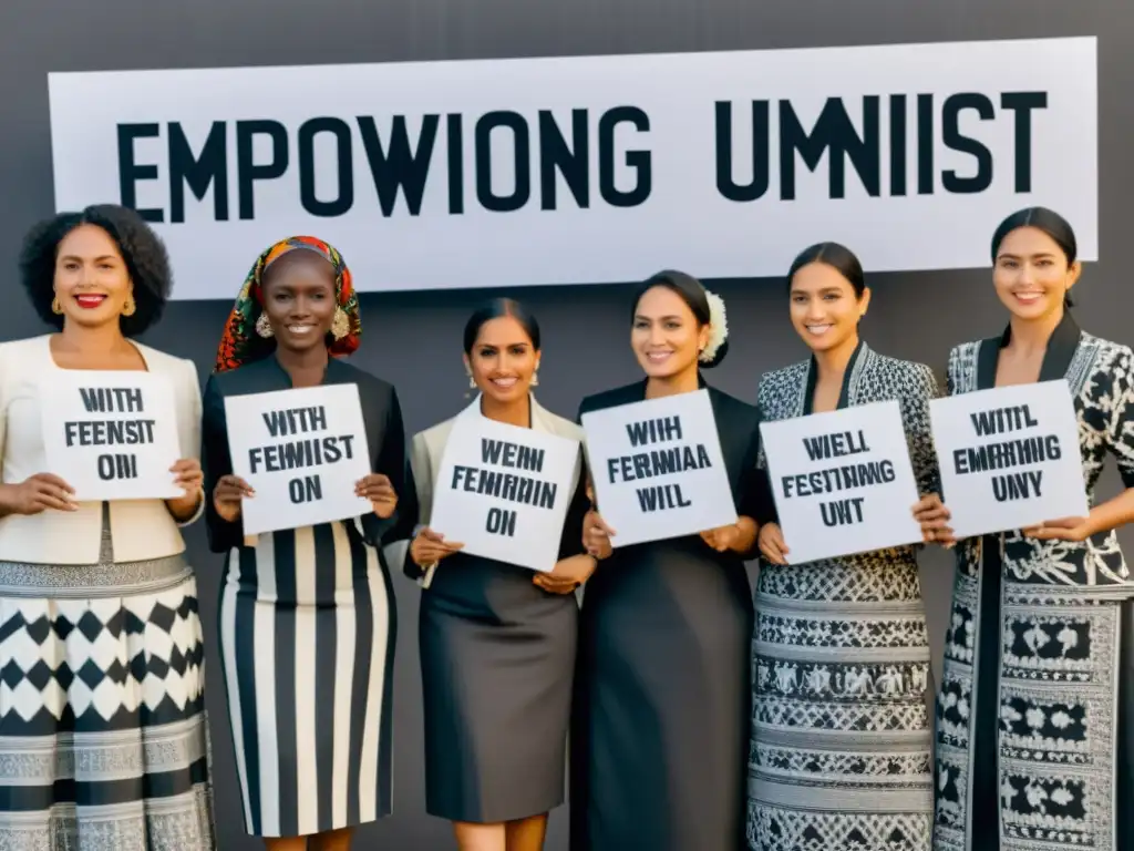 Un retrato en blanco y negro de mujeres de diferentes culturas, unidas y empoderadas, con mensajes de apoyo en distintos idiomas