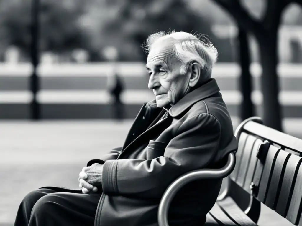 Retrato en blanco y negro de una persona mayor solitaria en un banco del parque, mostrando dignidad frente a la pobreza en la vejez