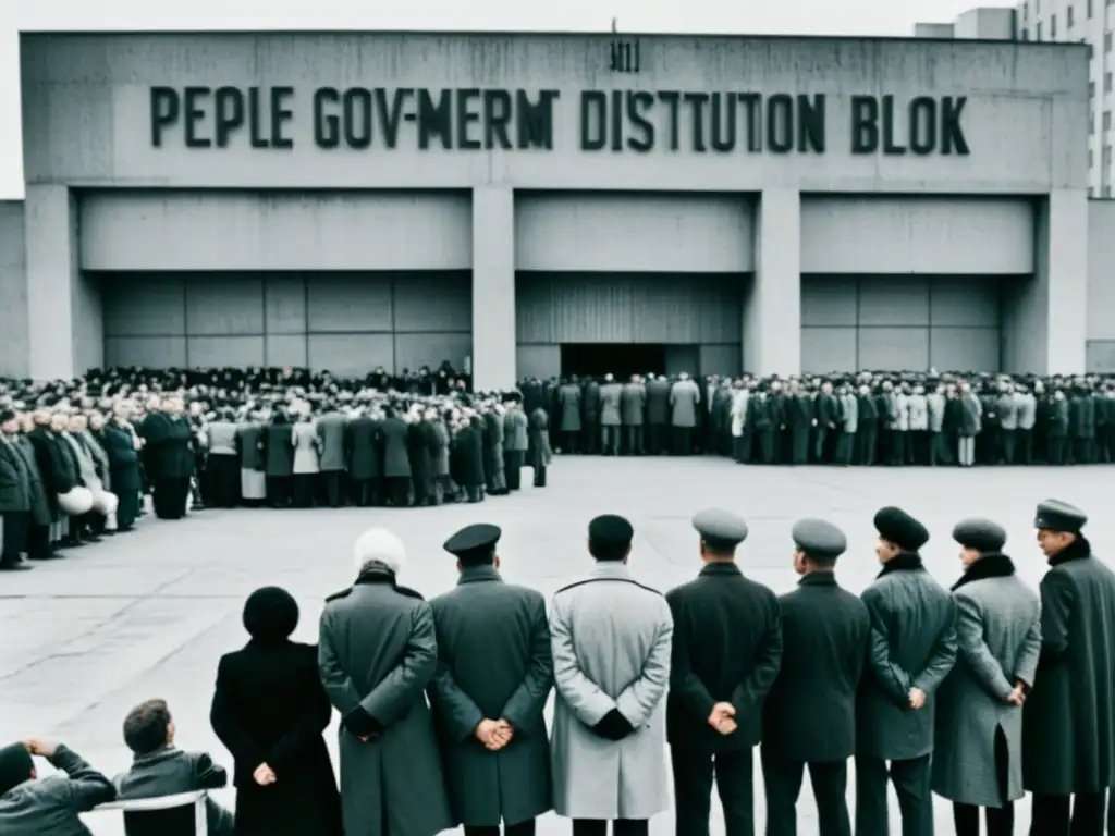 Un retrato en blanco y negro de personas esperando afuera de un centro de distribución de alimentos en un país del bloque soviético