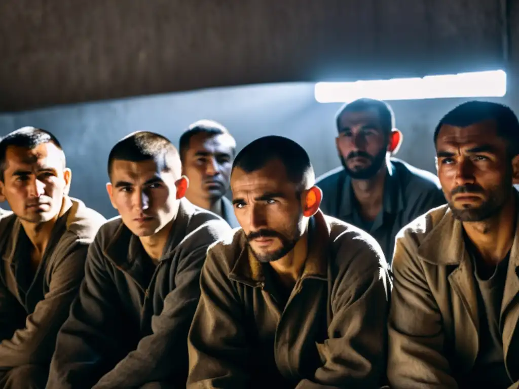 Un retrato en blanco y negro de prisioneros en los gulags, mostrando desesperanza y esperanza