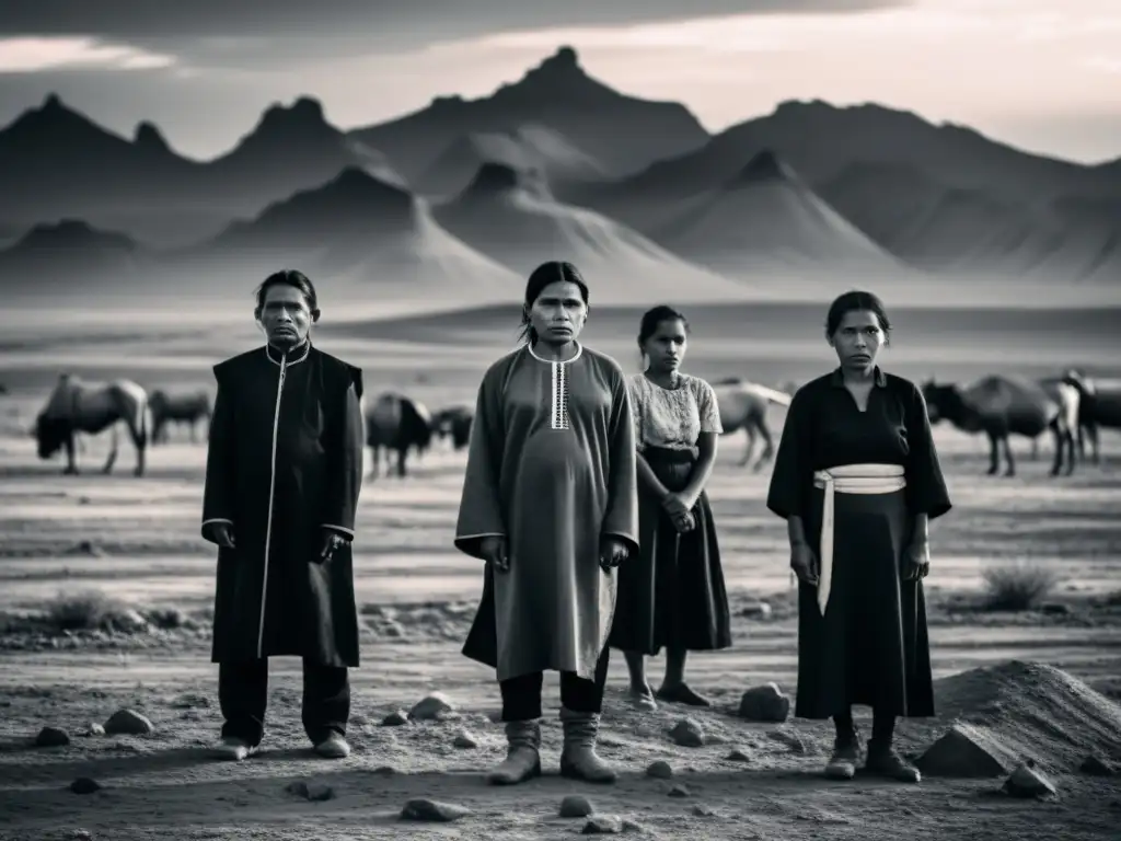 Retrato en blanco y negro de pueblos indígenas frente a un paisaje desolado, reflejando la lucha contra las políticas de asimilación