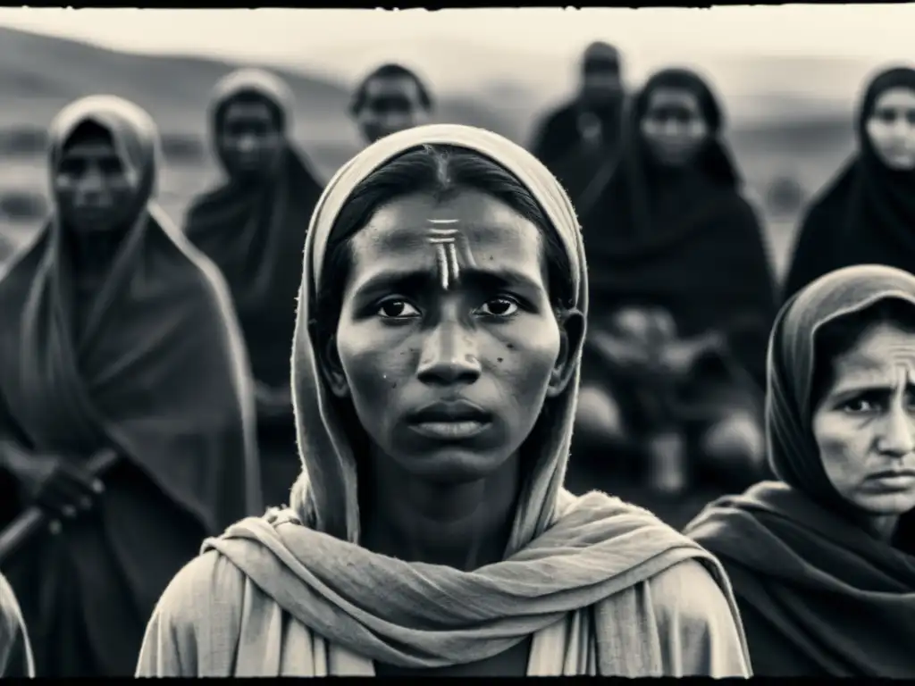 Retrato en blanco y negro de sobrevivientes de un genocidio, evocando la resiliencia humana