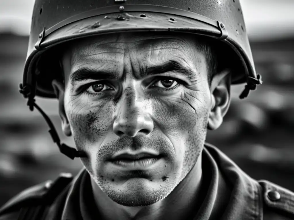 Retrato en blanco y negro de un soldado con rostro curtido, reflejando la experiencia y el cansancio de la guerra