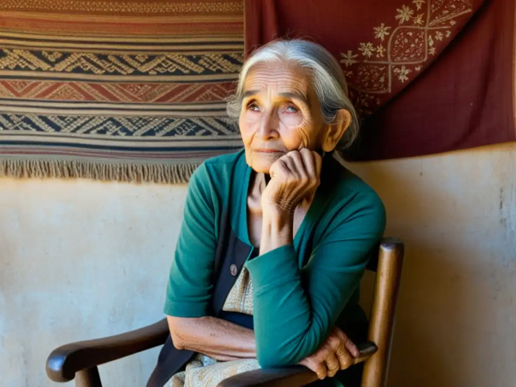 Retrato conmovedor de una anciana en una silla de madera, mirando al horizonte con una mirada llena de experiencias