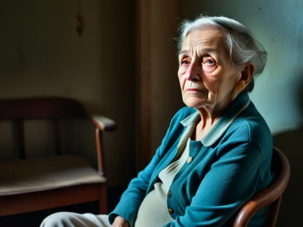 Retrato conmovedor de la pobreza en la vejez, donde la dignidad y la resiliencia brillan en los ojos de una persona mayor en una habitación sombría y desgastada