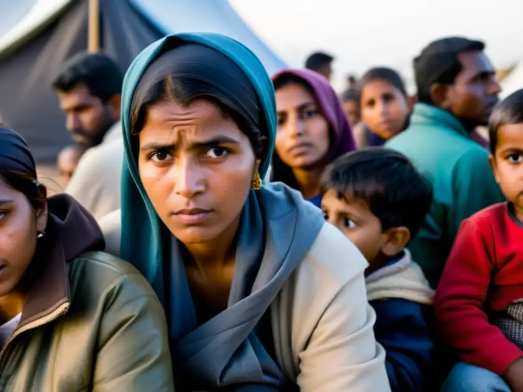 Un retrato conmovedor de refugiados en un campamento improvisado, mostrando emociones de resiliencia y desesperación