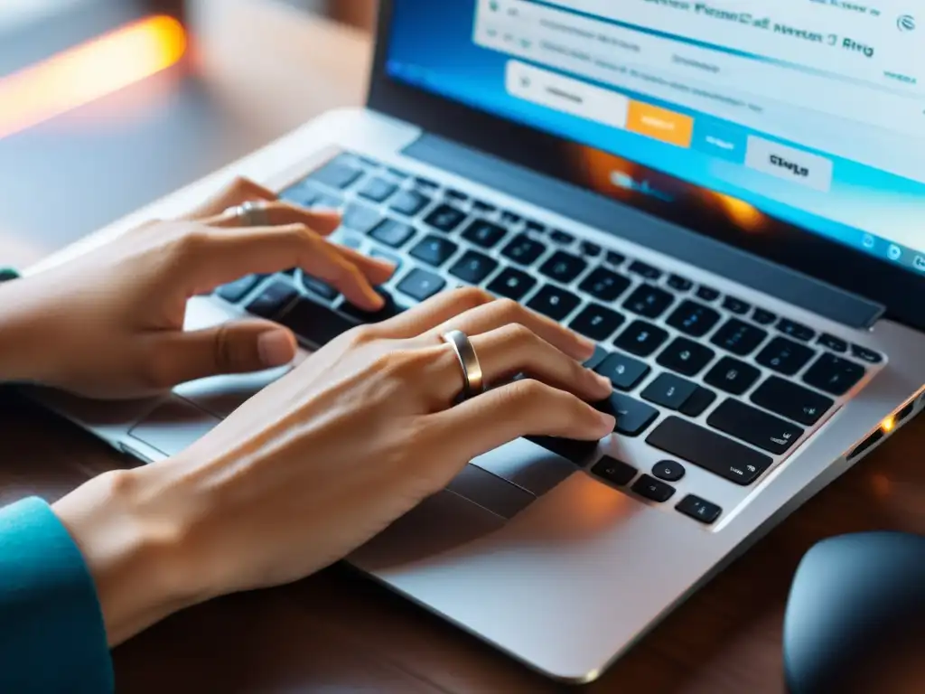 Un retrato detallado de un freelancer escribiendo en su laptop, con luz natural iluminando el teclado y las manos