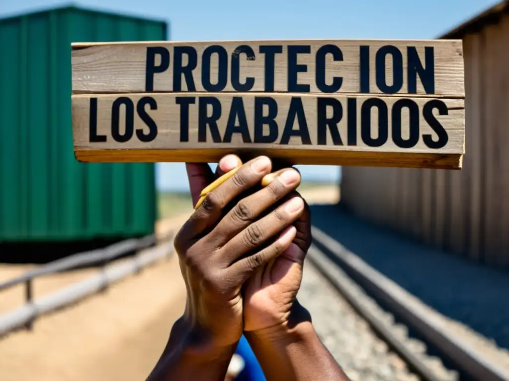 Un retrato impactante de manos trabajadoras, sosteniendo un cartel 'Protección para los trabajadores migratorios', con un grupo diverso en solidaridad