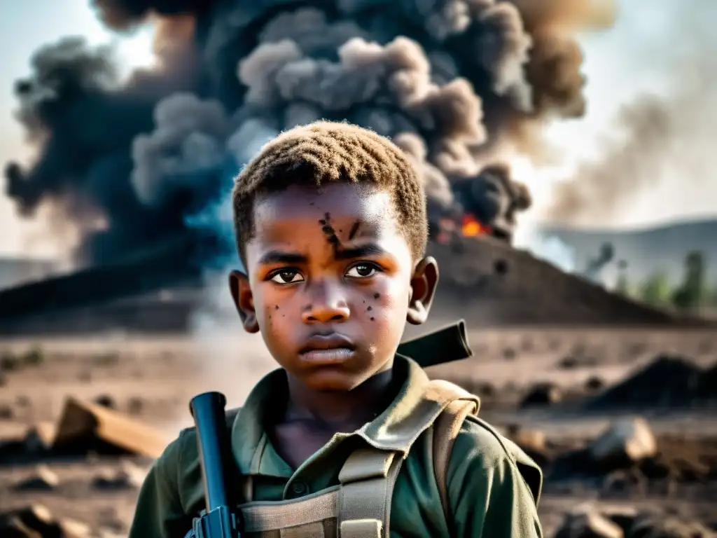 Retrato impactante de un niño soldado con mirada atormentada, sosteniendo un rifle demasiado grande, en un paisaje de guerra