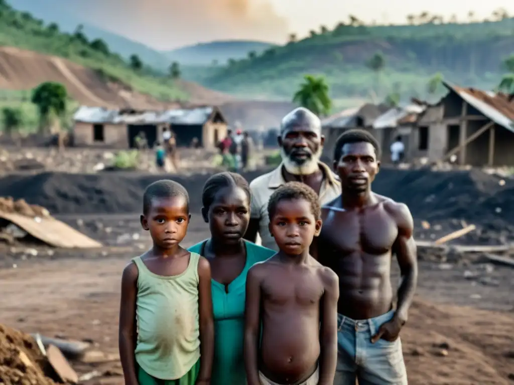 Un retrato impactante de refugiados ambientales por minería, mostrando la devastación y la esperanza en sus rostros