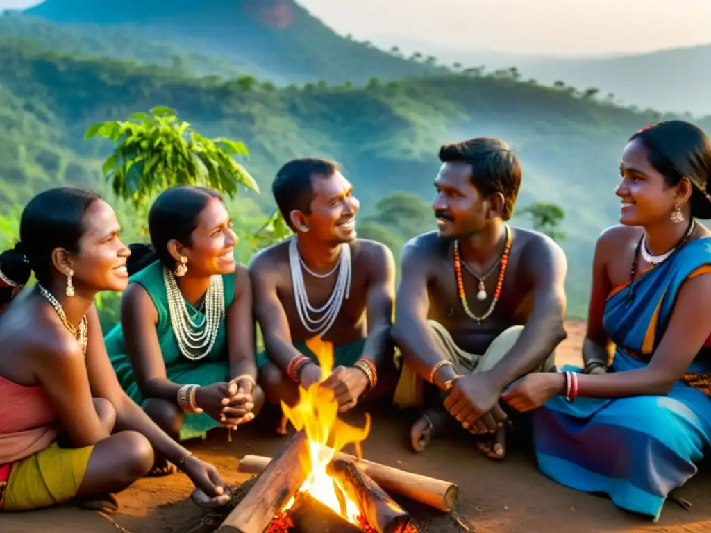 Dongria Kondh reunidos alrededor de una fogata en Niyamgiri, India, en resistencia a la minería, mostrando unidad y determinación