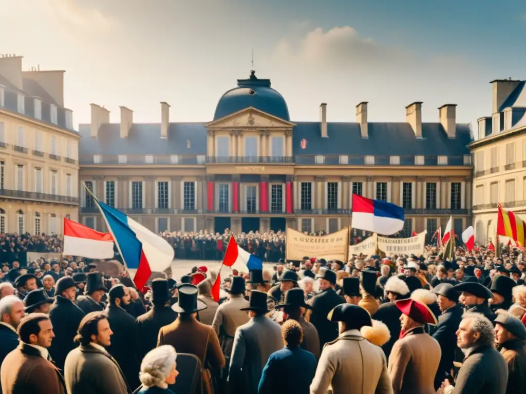 Una reunión apasionada en la Francia del siglo XVIII, con pancartas y banderas de la Declaración de los Derechos del Hombre