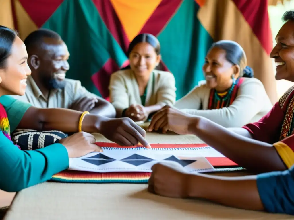 Reunión de comunidad indígena con financiamiento apoyo internacional en espacio colorido y acogedor, transmitiendo esperanza y colaboración