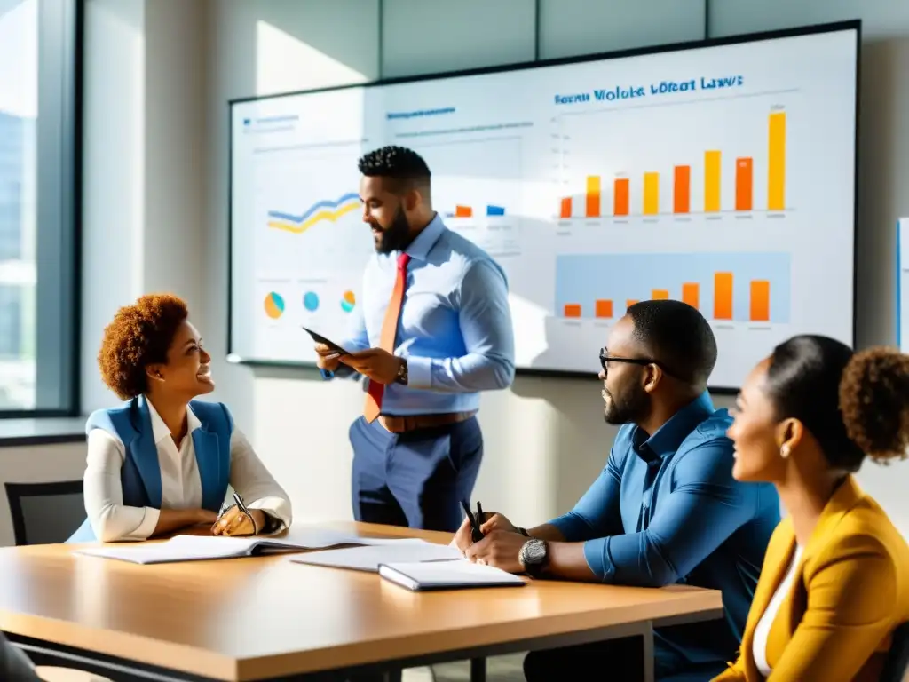 Discusión dinámica sobre derechos laborales en la oficina Reunión de empleados diversos debatiendo sobre responsabilidad corporativa y derechos laborales en una oficina moderna