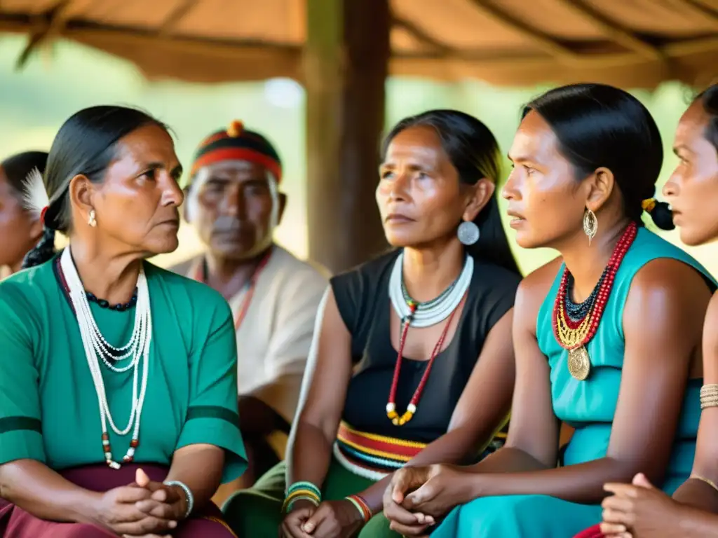 Reunión indígena discutiendo derechos territoriales en un entorno vibrante, reflejando la riqueza cultural y el impacto de la globalización