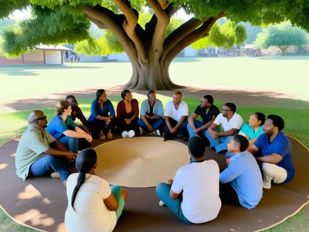 Reunión de justicia comunitaria bajo un árbol, en la que miembros comparten y escuchan, creando un ambiente de reconstrucción del tejido social