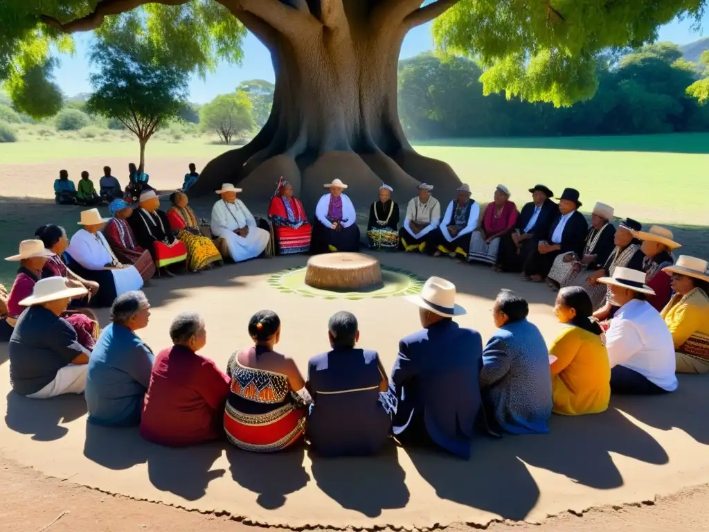 Reunión de líderes y ancianos de la Comunidad Xákmok Kásek discutiendo justicia y tradición bajo un árbol