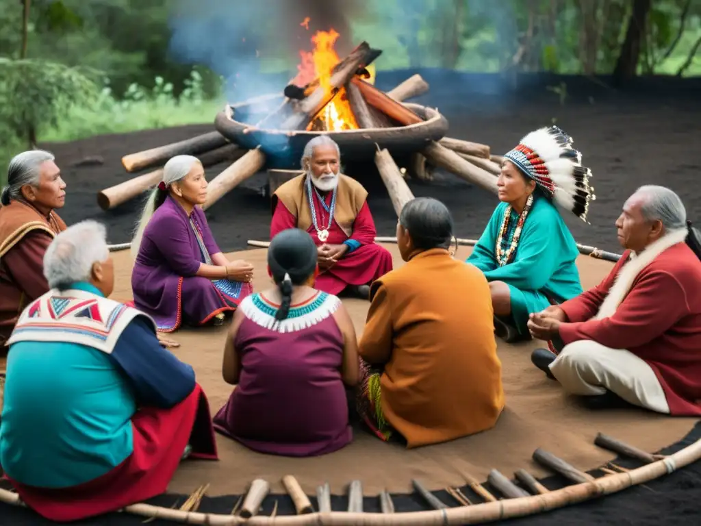 Una reunión de líderes y ancianos indígenas alrededor de un fuego, expresando sabiduría y orgullo cultural en un entorno natural